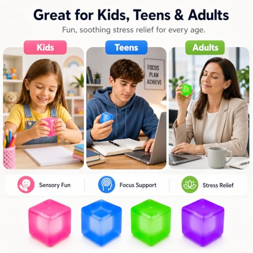 Stress Cube Squishy Toy, 1.97 Inch Slow Rising Fidget Stress Ball, Soft Squeeze Sensory Toy for Adults & Kids, Durable Leakproof Solid Color Cube, Gift-Ready for Office Classroom