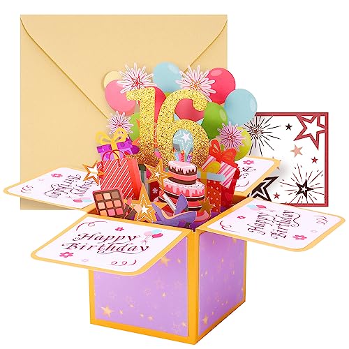 Geburtstagskarte,3D Pop Up Karte Geburtstag Pop Up Grußkarten Glückwünsche Geburtstagskarten mit Umschlag für Mama Frauen Männer Romantik Geschenk-Karte zum 16.Geburtstag (16th)