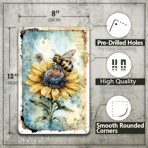 YOYI ART Metal Garden Signs for Outside - Vintage Bee Sunflower Sign, Outdoor Signs for Patio, Backyard, Farmhouse, Garden, Porch, Home and Yard Wall Decor Art, Gifts for Women, 8 x 12 inch