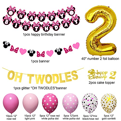Cartoon Mouse 2Nd Birthday Party Supplies, Oh Twodles Happy Birthday Banner Number 2 Pink Balloons Cartoon Mouse Cake Topper For 2Nd Pink Mouse Birthday Party Favors Decorations For Girls #TOP1