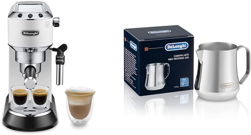DeLonghi Dedica EC685.W Macchina da Caffè Espresso Manuale e Cappuccino, Caffè in Polvere o in Cialde E.S.E, Bianco DLSC060 Milk Frothing Jug, Bricco per Montare il Latte con Comoda Impugnatura