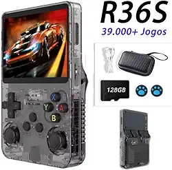 Console de video game portátil R36S Retro de 128 GB,r36s console portatil, mais de 39.000 jogos, Arkos 2.0, tela IPS de 3,5 polegadas, reprodutor de vídeo de bolso (cor：preto)