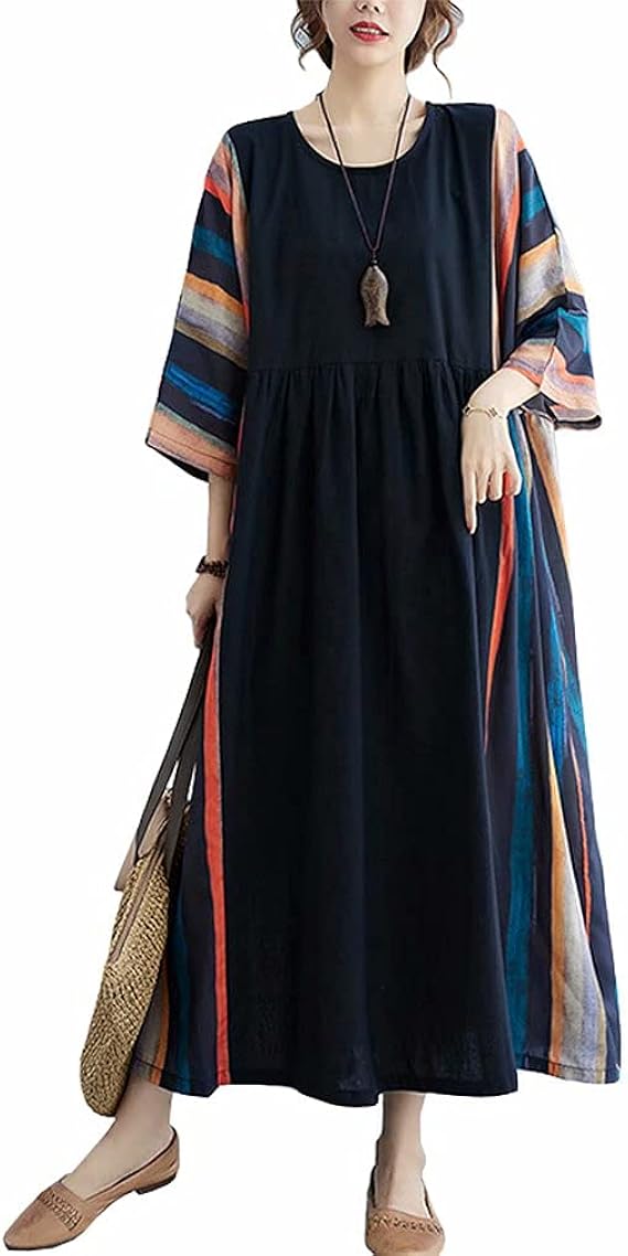 Amazon Co Jp Yonistar ワンピース 麻 リネン レディース 夏 大きいサイズ マキシワンピース ロング リネンワンピース ゆったりワンピース マキシ 半袖 Free ブラック 服 ファッション小物