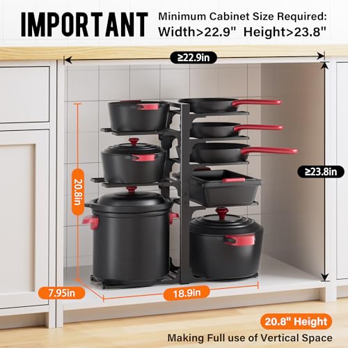 Image of MUDEELA Pots and Pans Organizer under Cabinet 20.8 inch Height, Heavy Duty Adjustable Pot Pan Organizers inside Cabinet, 8-Tier Kitchen Cabinet Organizers and Storage for Big Stockpots, Heavy Cookware