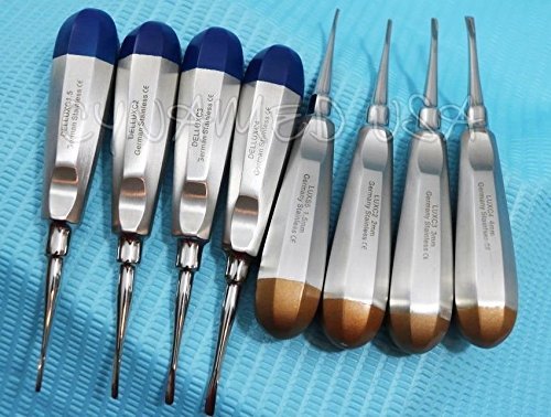 Miniatura 4 de Nuevo Alemán inoxidable Dental Luxating Elevador Extracción de dientes Herramientas 8 piezas Curvo 1.5MM a 4MM Instrumentos Dentales Oro Más Azul