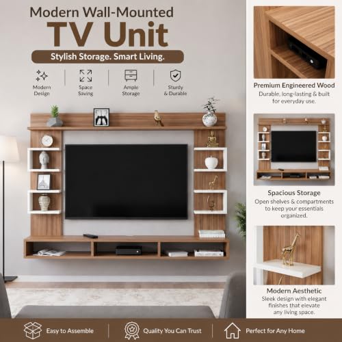 Image of FURNEASER Steven Wall Mount TV Unit for Living Room Wooden Entertainment Center with Storage Shelves Modern TV Panel Stand Showcase for up to 43 Inch Media Console Cabinet Exotic Teak & White