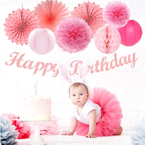 Image of Light Hot Pink Birthday Party-Decorations - 21pcs Girl Happy Banner,Paper Lanterns Honeycomb,Tissue Pom Poms Flower Fan,Hanging Streamers Garland,18th 21st 30th Women Birthday Decor Supplies Huglony