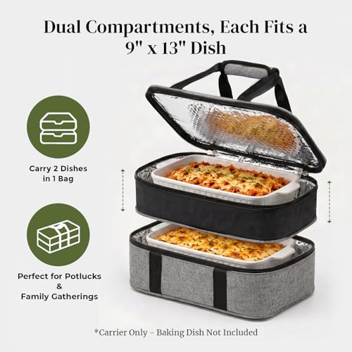 Image of DOWAN Insulated Casserole Carrier for 9x13 Baking Dish - Expandable Double Decker Food Carrier Bag for Hot or Cold Food, Thermal Lasagna Lugger Tote for Potluck, Picnic, Party & Travel - Grey