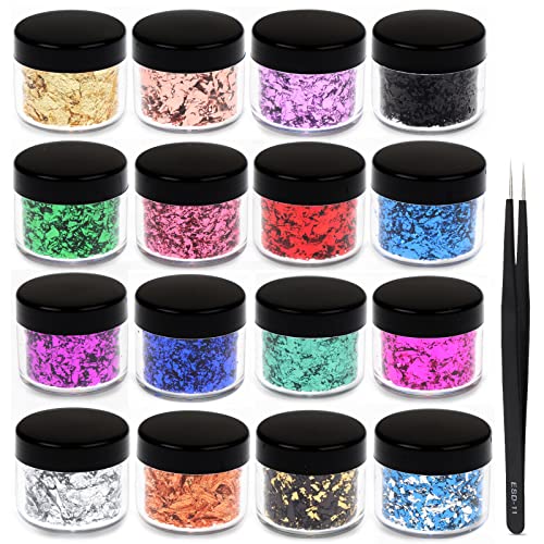 Gold Foil Flakes for Resin All Colors, 16 Multicolor Gliding Flakes Gold Leaf Flakes Imitation Metallic Gold Flakes for Resin Epoxy, Nails, Crafts, Candles