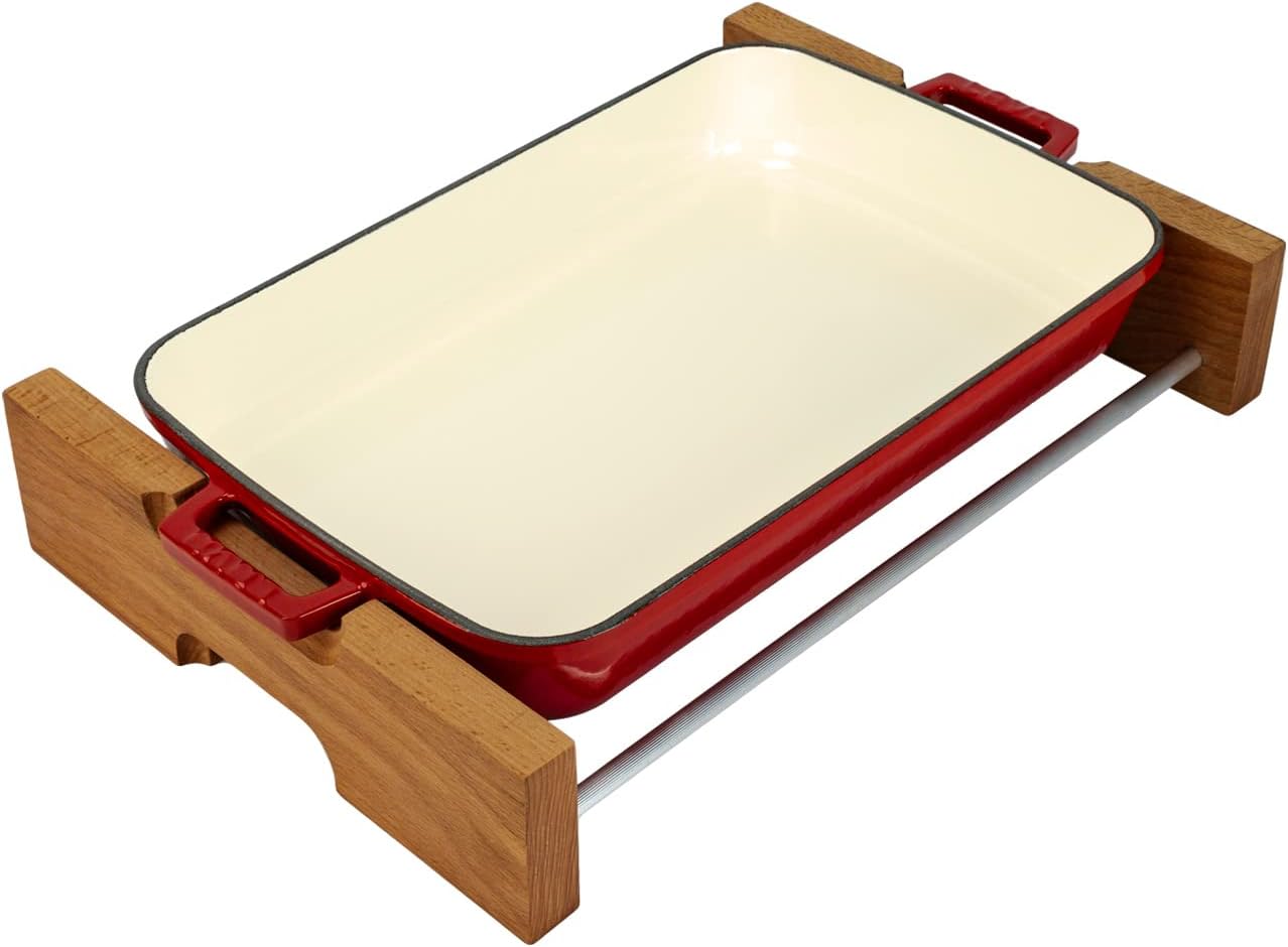 Lava Cast IronLasagna Pan, Three Layers of Enameled Cast Iron Lasagna Pan, Baking Tray with Service Stand, 10x16 Inch Rectangular Oven Safe Serving Dish (Red)