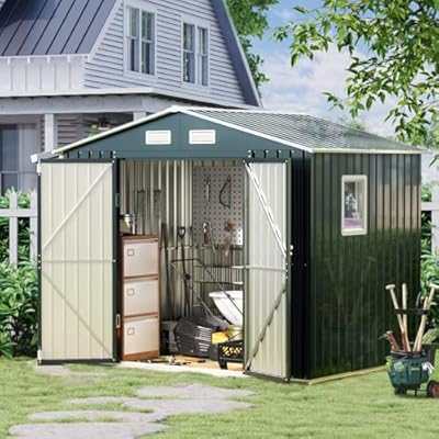 8x6FT Outdoor Steel Storage Shed with Clear Window, Lockable Doors, Weather-Resistant Metal Tool Shed for Garden, Backyard, Patio, and Utility Storage