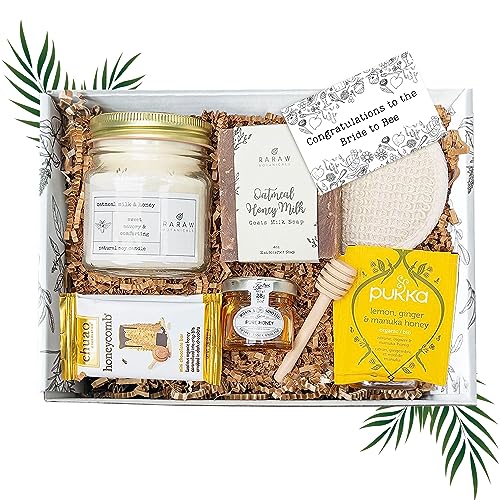 RaRaw Bridal Shower Gifts for Bride To Be - 9 Piece Bride Gift Box with Honey Scented Candle, Loofah, Soap, Honeycomb Chocolate, Tea - Bachelorette Gifts Basket for Self Care, Relaxation & Pamper