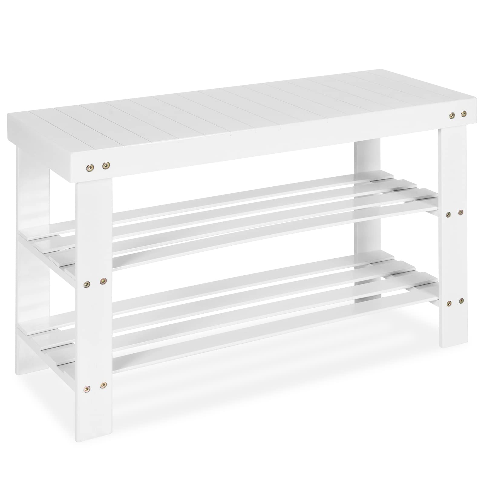 COSTWAY Bamboo Shoe Storage Bench, 3-Tier Shoe Rack Stand Seater, Shoes Organizer Storage Shelf for Entryway, Hallway and Living Room, 70 x 28 x 45cm (White)