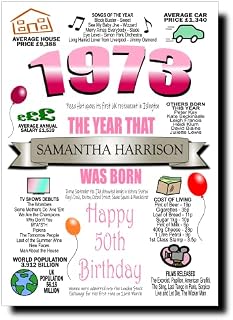 Personalised 50th Birthday Card for Women, Any Name Inserted, Memories & Facts From Year of Birth 1973, 50th Birthday Cards For Mum Daughter Wife Girlfriend Sister Aunt Grandma Female Her