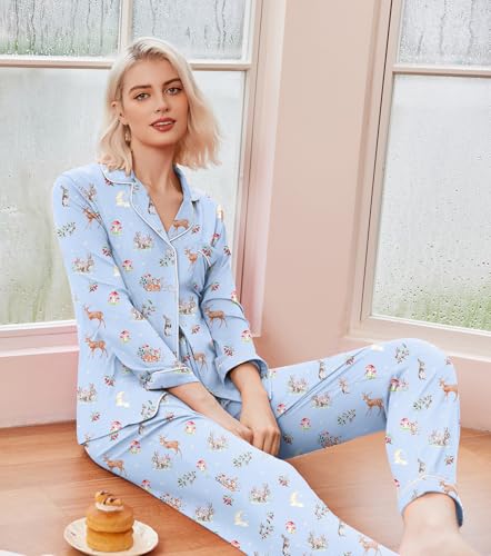 Image of Ekouaer Pajamas Women's Long Sleeve Sleepwear Soft Button Down Loungewear Pjs Lounge Set Nightwear XS-XXL