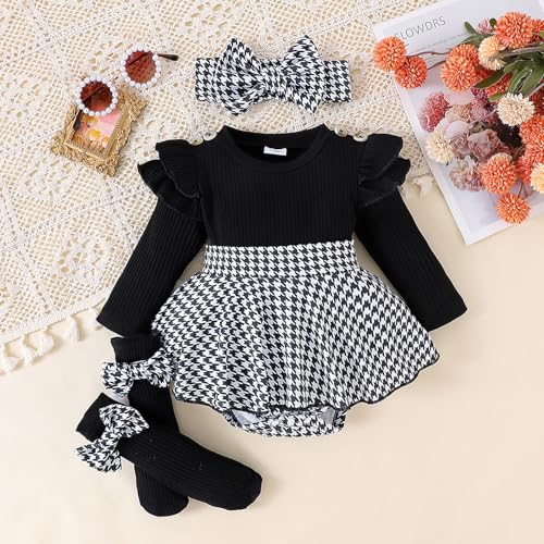 Infant Baby Girl Fall Outfits 3 6 12 18 Months Girls Long Sleeve Romper Dress with Headband Long Socks2