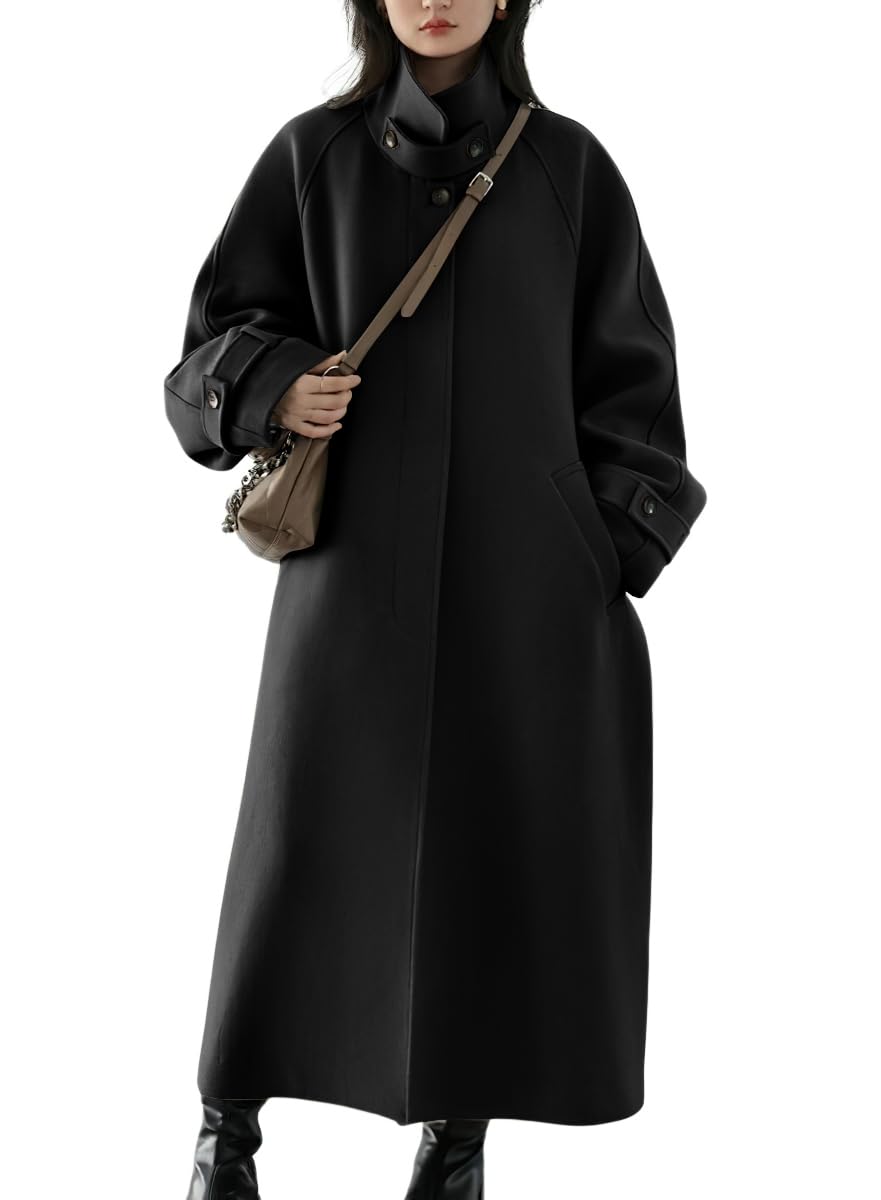 Women's Winter Hidden Single Breasted Wool Coat Raglan Sleeve Business Long Wool Overcoat-image-42
