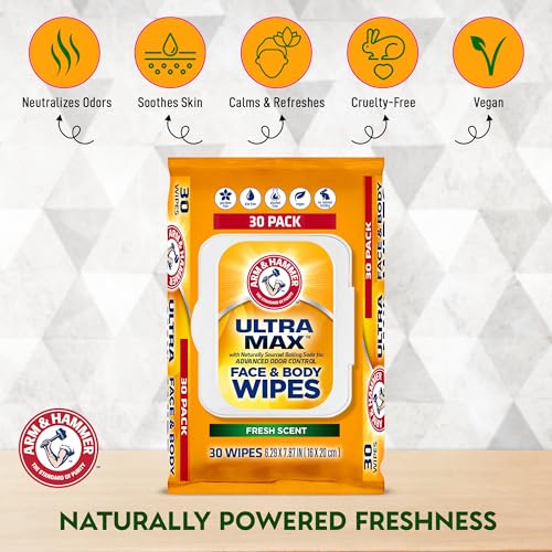 Image of Arm and Hammer Face and Body Wipes for Adults - Deodorant Towelettes 30 Wipes for Men - Shower Sheets for Traveling, Camping, Gym, and Bathing - Alcohol-Free Face Sheets (Cool Water)