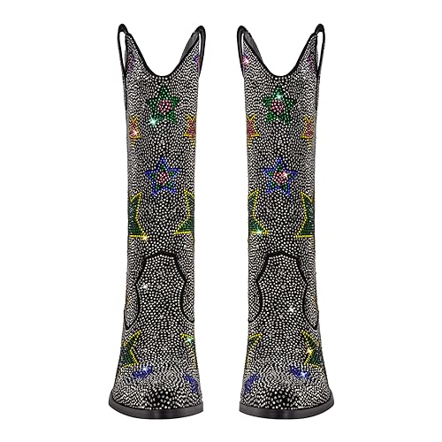 richealnini Women's Mid Calf Boots with Rhinestones Pull on Tab Block Heels Sparkly Stars Pattern Western Cowboy Boots3