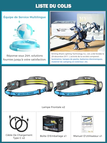 Smiling Shark Lampe Frontale, 2 Pièces Lampes Frontales LED Rechargeable Ultra Puissante avec 2 Faisceau Large & Spot Réglable Détecteur de Mouvement 2400 mAh 5 Modes pour Randonnée Pêche Camping – vue 7