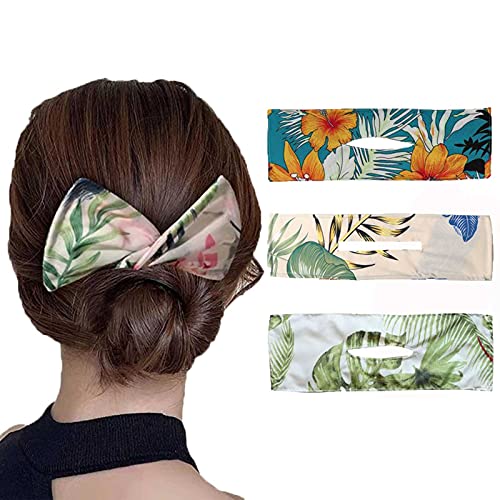 Deft Bun For Hair,3pcs French Twist Hair Tool to Roll a Bun for Women Summer Headband Print Hairpin (Plant)
