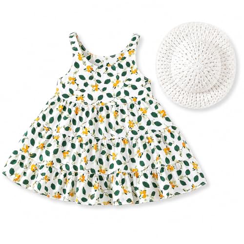 Image of Bold N Elegant Toddler Girls Summer Dress with Crochet Hat Set, Sleeveless Floral /Strawberry Print Tiered Sundress, Casual Beach Party Outfit for Baby Girls 1-6 Years