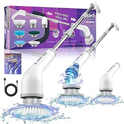 2 High Speeds Electric Spin Scrubber, 7 Replaceable Cleaning Brush Heads, Rechargeable Cordless Shower Scrubber with Adjustable Extension Arm, Power Bathroom Scrubber for Car Grout Sink Tub Tile Floor