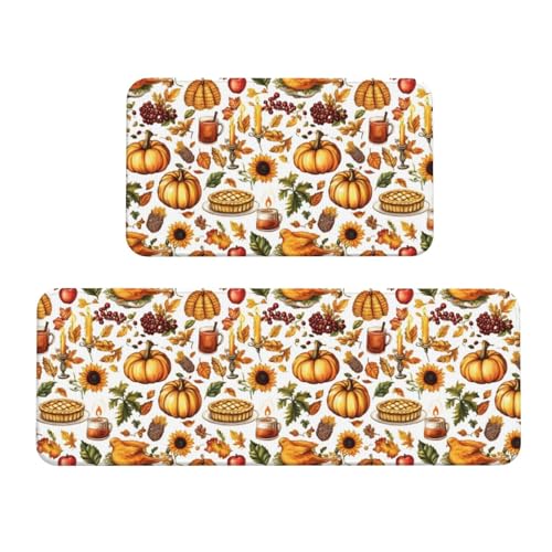 GVYGVY Antifatigue Kitchen Mats for Floor 2 Piece - Autumn Thanksgiving Food Print Kitchen Rugs Washable, Non Slip Runner Rug Standing Mat for Office/Bathroom/Laundry/Home Decor and Accessories