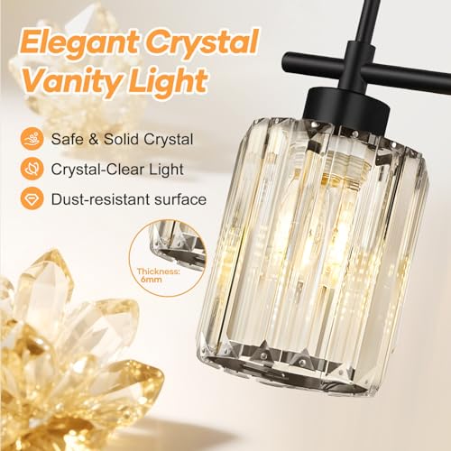 Image of Matte Black 4-Light Crystal Bathroom Vanity Light, Modern Bathroom Light Fixture Over Mirror, Black Vanity Lighting for Bathroom, Bulbs Not Included