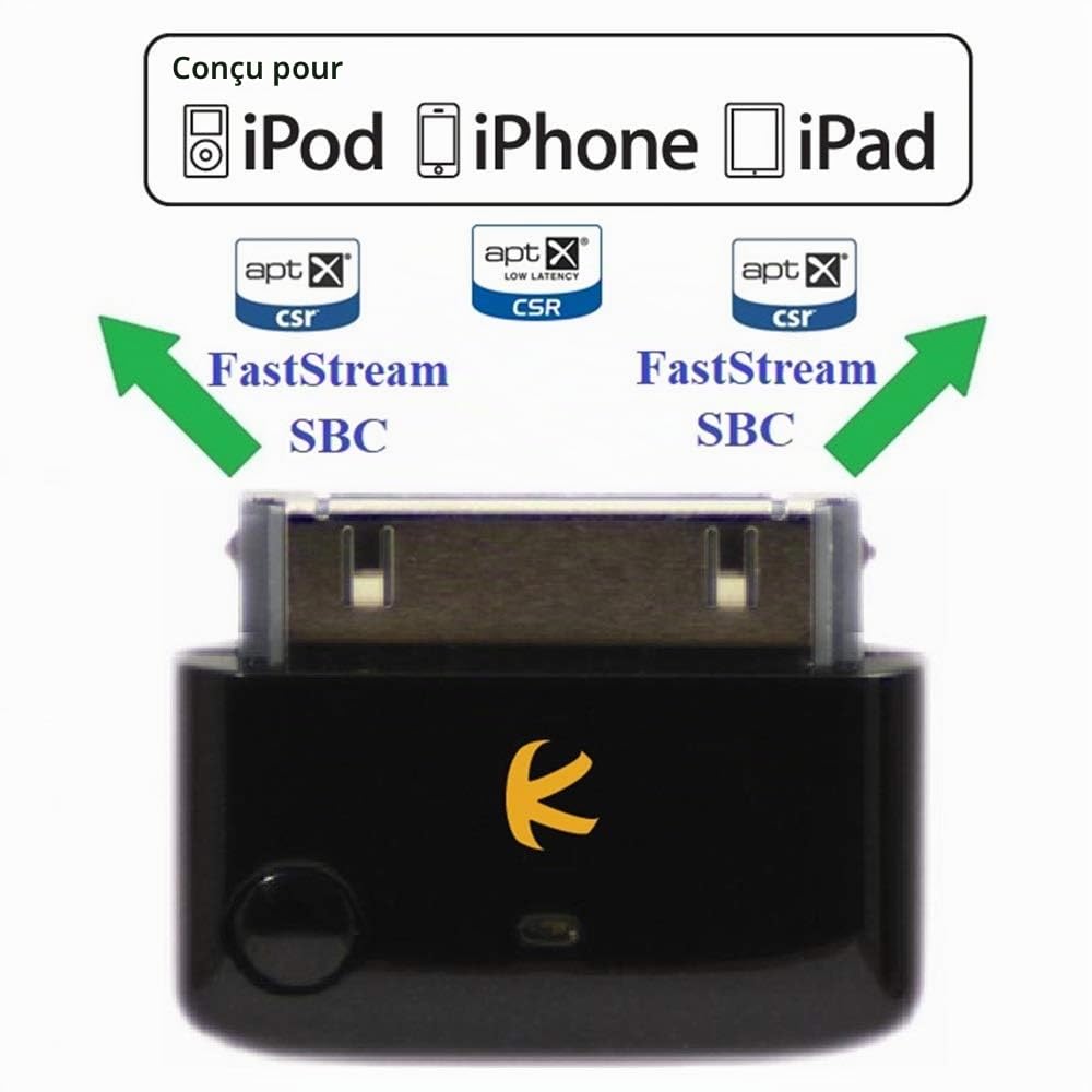 i10_Pro (Noir) : Transmetteur et séparateur Bluetooth avec codecs aptX/aptX Faible Latence/FastStream/SBC. Compatible avec Le connecteur à 30 Broches iPod, iPhone, iPad.