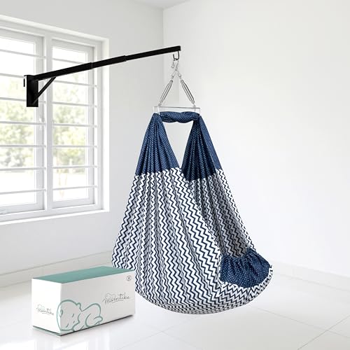 Momtike Baby Swing Cradle (Jhula) with Mosquito Net, Soft Pad, Spring Hanger & Metal Window Cradle Stand (Navy)