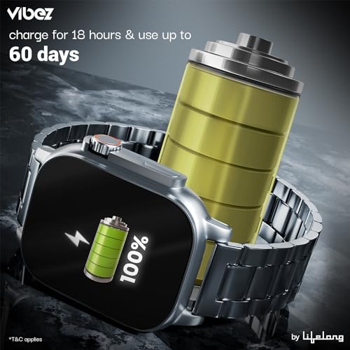 Image of Vibez by Lifelong Premium Luxury Smart Watch for Men - 60 Day Battery 950mAH - 2.02 Ultra HD Display & 900 NITS Men's Smartwatch - Stainless Steel Dial & BT Calling (Pacific,Silver)