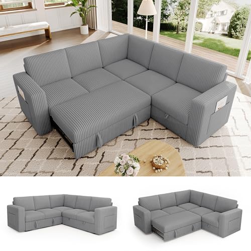 Image of 83.5 inch Corduroy Sectional Sleeper Sofa, Pull Out Couch with Storage, Gray | 5 Seat Comfy Couches for Living Room, Apartments, or Guest Spaces; Sectionals Modular Sofa Design, Comfortable Seating.