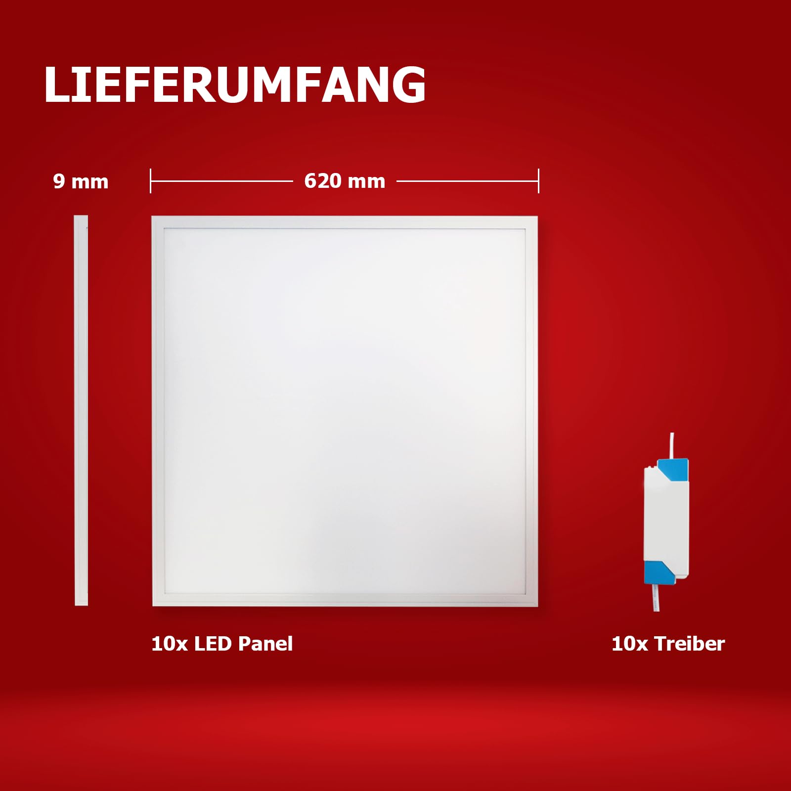 10x LED Panel 62x62 Neutralweiß 5000K dimmbar 0-10V 36W | 4320lm Rasterleuchte Slim Alu flimmerfrei Deckenleuchte Netzteil PLs3.0