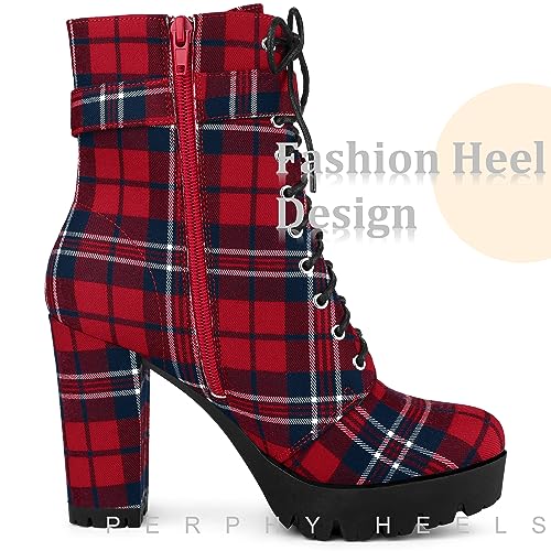 Perphy Platform Lace Up Chunky Heel Plaid Printed Ankle Combat Boots for Women4