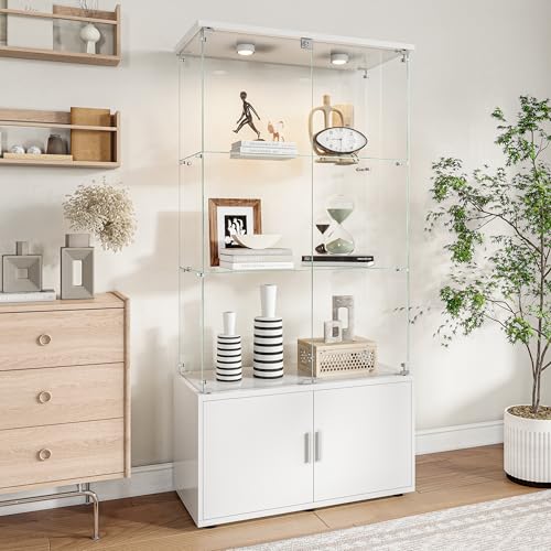 TIMORWTF Vitrine en Verre avec LED,Armoire Vitrine pour Collection,4 Étagères et 4 Portes à Serrure, 2 Étagères Adjustables, 164x78.51x35cm, Blanc