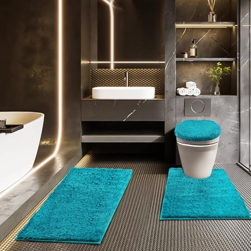 Baahrnom Bathroom Rugs Sets 3 Piece with Adjustable Toilet Seat Cover 17.5x 15 Machine Washable Bath Rug Set with TPR Non Slip Rubber Backing Solid Bath Mat Set for Luxury Bathroom Decoration
