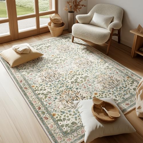 Image of Vintage Washable Area Rug 4x6, Beige & Blue Low Pile Non-Slip Stain Resistant, Distressed Retro for Bedroom Under Bed, Living Room, Nursery, Kitchen & Entryway