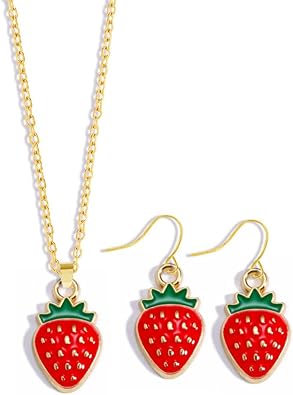 Cute Fruit Necklace Earrings Set for Women Enamel Cherry Banana Lemon Apple Strawberry Pendant Necklace Jewelry