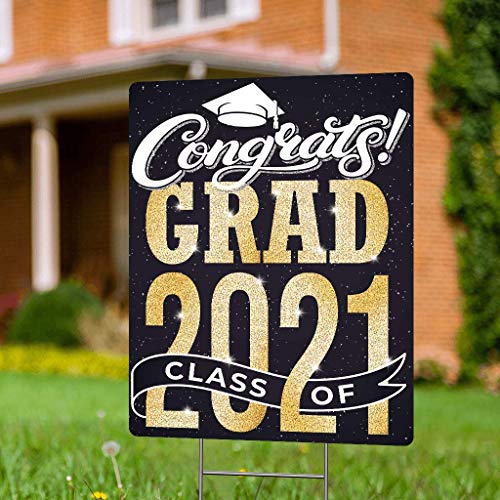 Graduation Yard Sign with Stakes Included - 17â€ x 13â€ Double Sided Graduation Lawn Sign - Black & Gold Happy Graduation Yard Sign - Outdoor Graduation Yard Decorations & Graduation Signs for Yard