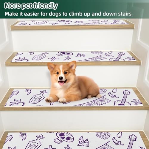 15 alfombrillas para escaleras de madera con estampado de garabatos morados antideslizantes 6