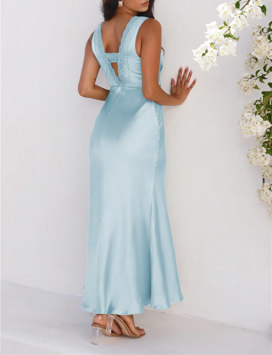 BAGONE Summer Satin Lace V Neck Backless Wedding Guest Maxi Dresses for Women Elegant Sleeveless Open Back Cocktail Dress - Image 2