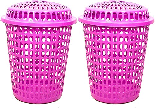 Image of Plastic Laundry Basket With Lid Big Size For Clothes 50 Litre Hamper Bag Dress Storage Toys Organiser Cover Combo With Cap Heavy Duty Round Shape (2 Pcs, Pink)