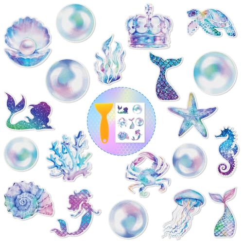 Funrous 20 Pcs Mermaid Non Slip Bathtub Stickers Ocean Mermaids Anti Slip Shower Stickers Shower Floor Nonslip Sticker with Scraper Ocean Applique Adhesive Decals Treads for Bathtub Bathroom Floor