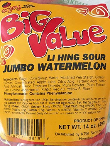 Enjoy Hawaii Snacks Li Hing Sour Jumbo Watermelon Gummy Candy 14 Ounce Bag