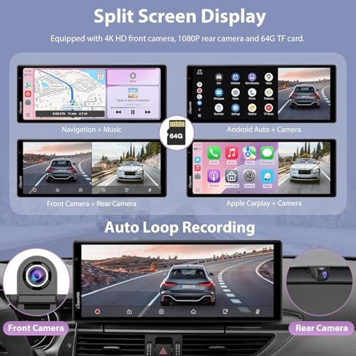 Carpuride Wireless Carplay & Android Auto with Dash Cam - 10.26 Inch HD IPS Touch Car Play Screen for Car, 4K Front & 1080P Rear Camera, Loop Recording, Bluetooth Audio, Mirror Link, GPS, Siri