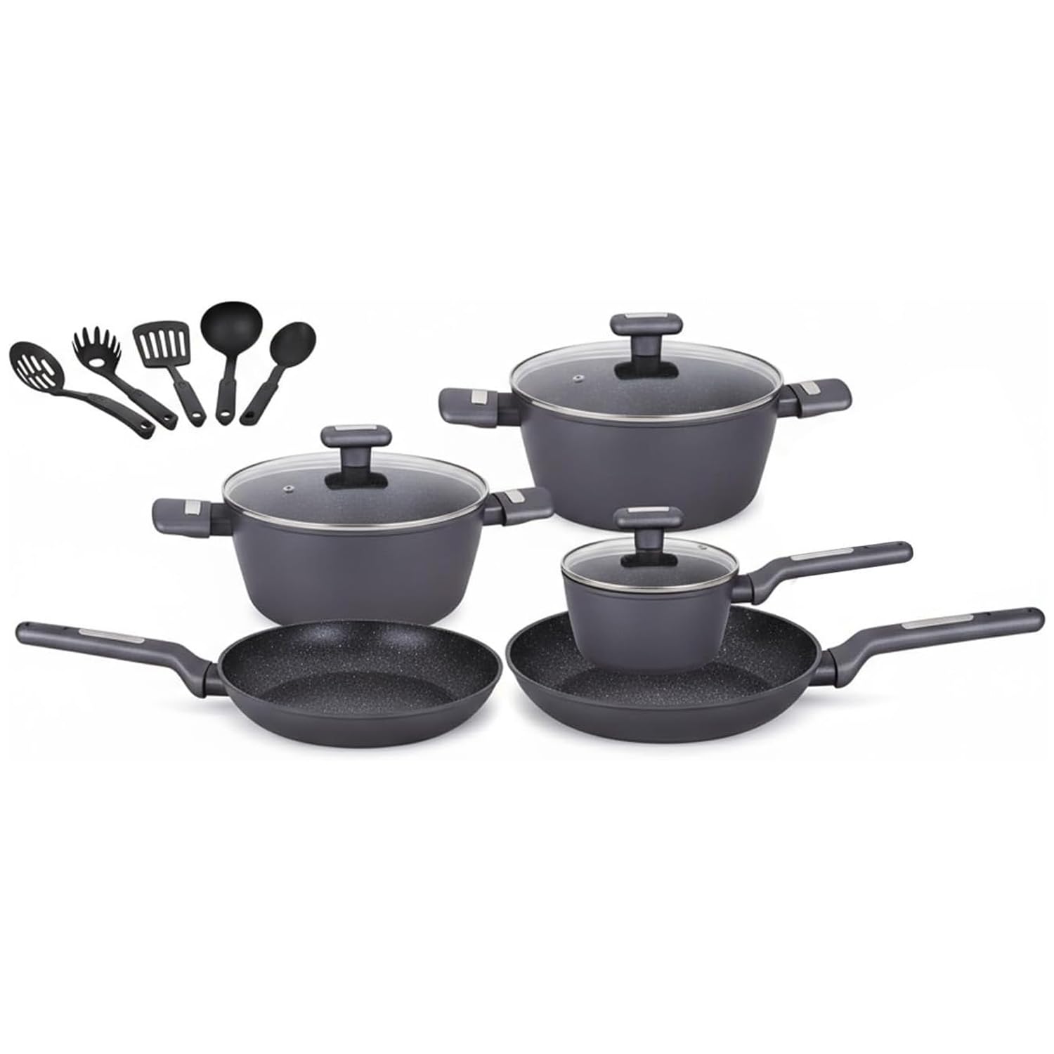 Wintem – Batteria Pentole e Padelle 13 Pezzi Antiaderenti per Cucina Moderna e Tradizionale Compatibile con Piano a Induzione, Rivestimento in Alluminio, Coperchi in Vetro e Manici Ergonomici