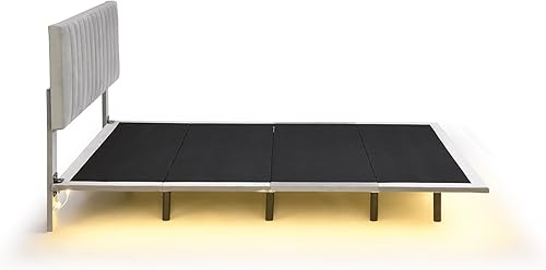 Miniatura 5 de Cama tapizada de tamaño Queen con luces LED, plataforma flotante de terciopelo con cabecera y soporte de listones de madera, base de cama LED