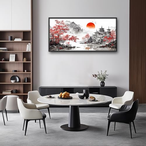 Image of Large Oriental Asian Wall Art for Living Room Chinese Japanese Style Pictures Red Sun and Pagoda Wall Decor Nature Scenery Canvas Print Paintings Home Framed Artwork Decoration Gifts for Bedroom Office 30 inchx60 inch