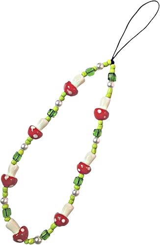 1-2 piezas de cordón con cuentas de hongos rojosverdes para teléfono, accesorios estéticos, correa de muñeca dulce, cadena antipérdida para mujeres